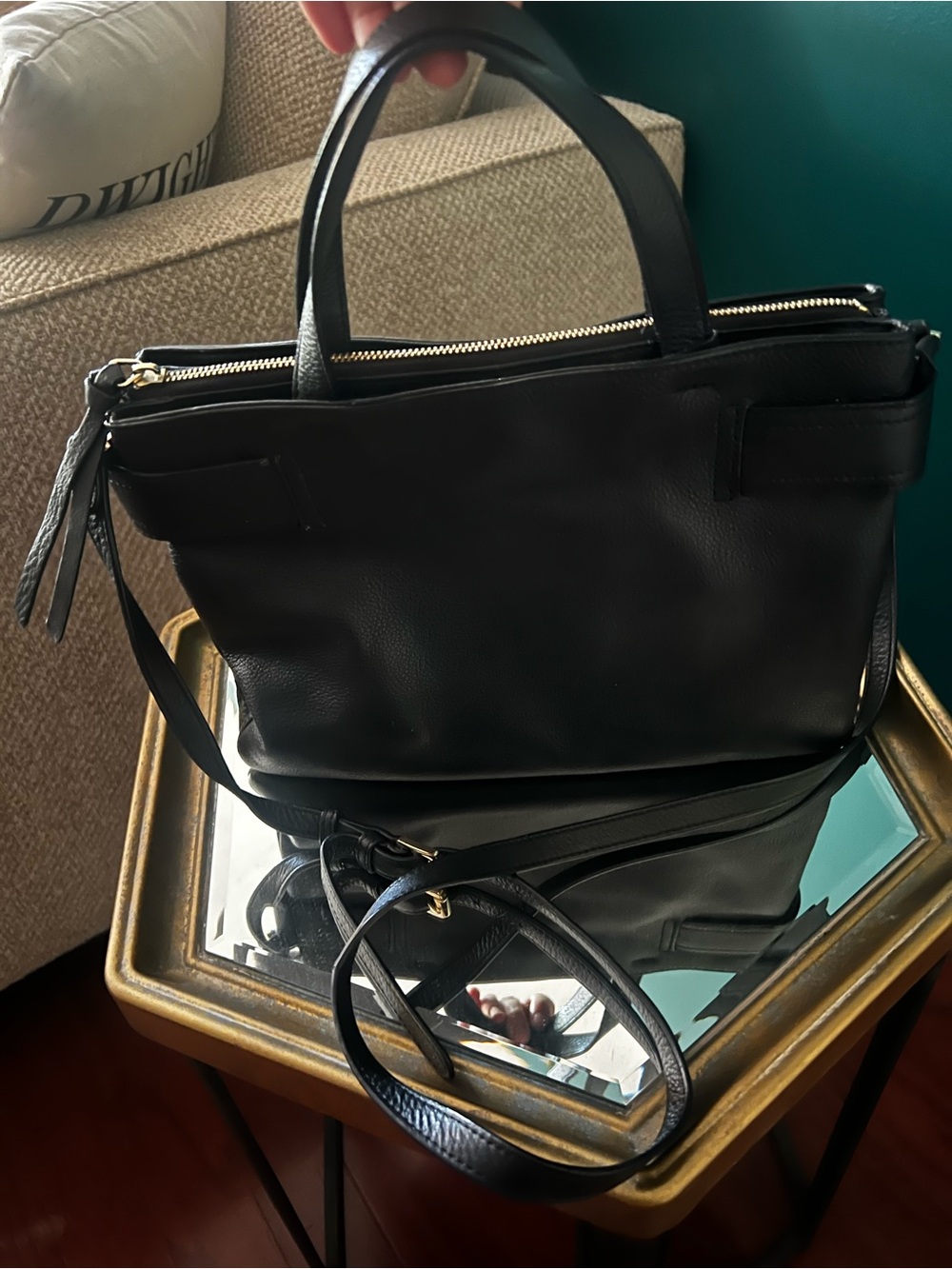 Vince Camuto Black Leather Top-Handle Tote Bag with Adjustable Strap